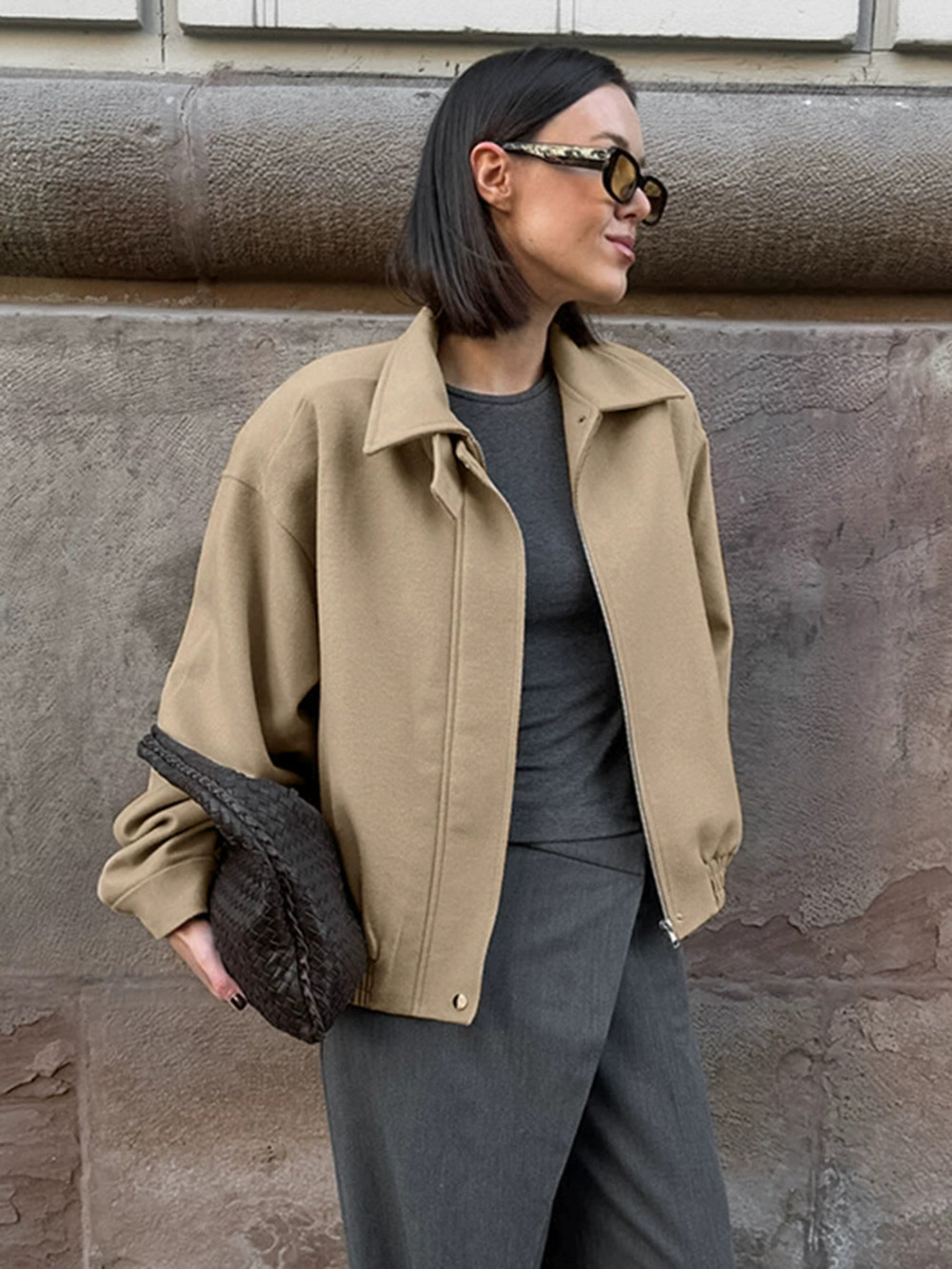 Forever 21 Khaki Wool Coat Oversized Lapel Collar Thickened Fall Winter